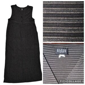 Eileen Fisher Dress w Pockets Sleeveless Striped‎ Rayon Midi Casual V Neck sz L